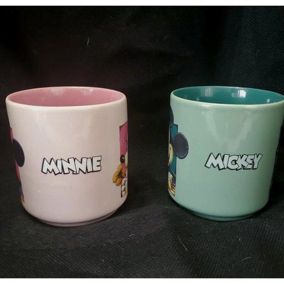 Disney Lot of 2 Mickey and Minnie Mouse Coffee Cups vintage pink green Thailand - Picture 2 of 12